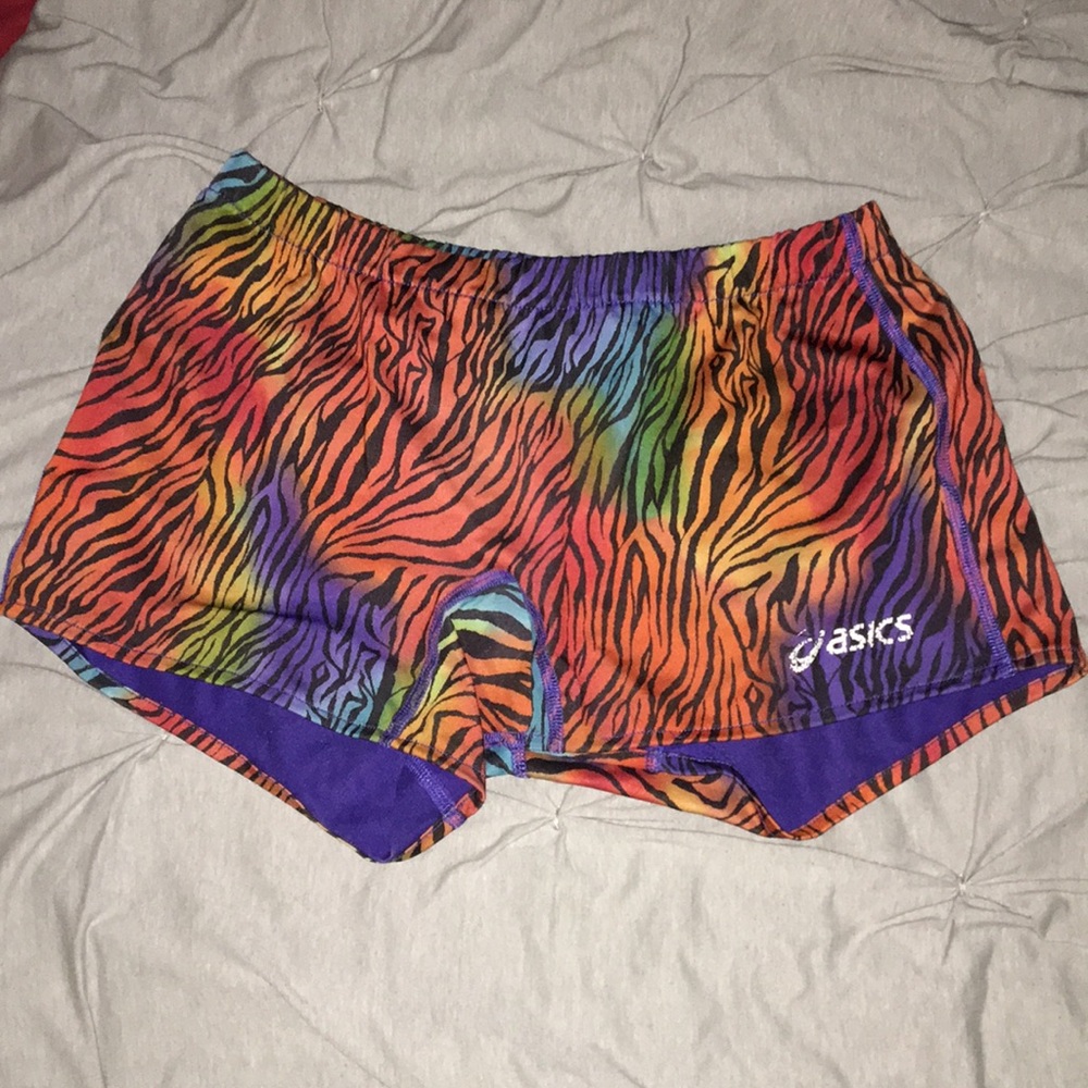 Multi colored spandex shorts.